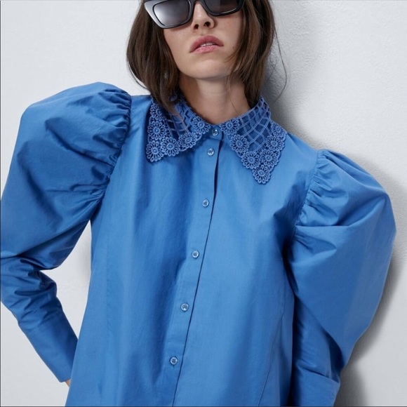 Nwt Zara Crochet Collar Button Down 